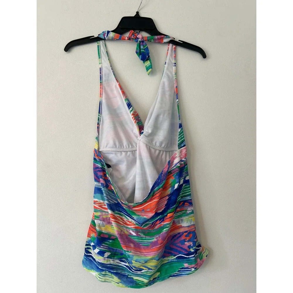 Chaps Womens Abstract Print Halter Tankini‎ Swim Top Blue Multi Color size 16